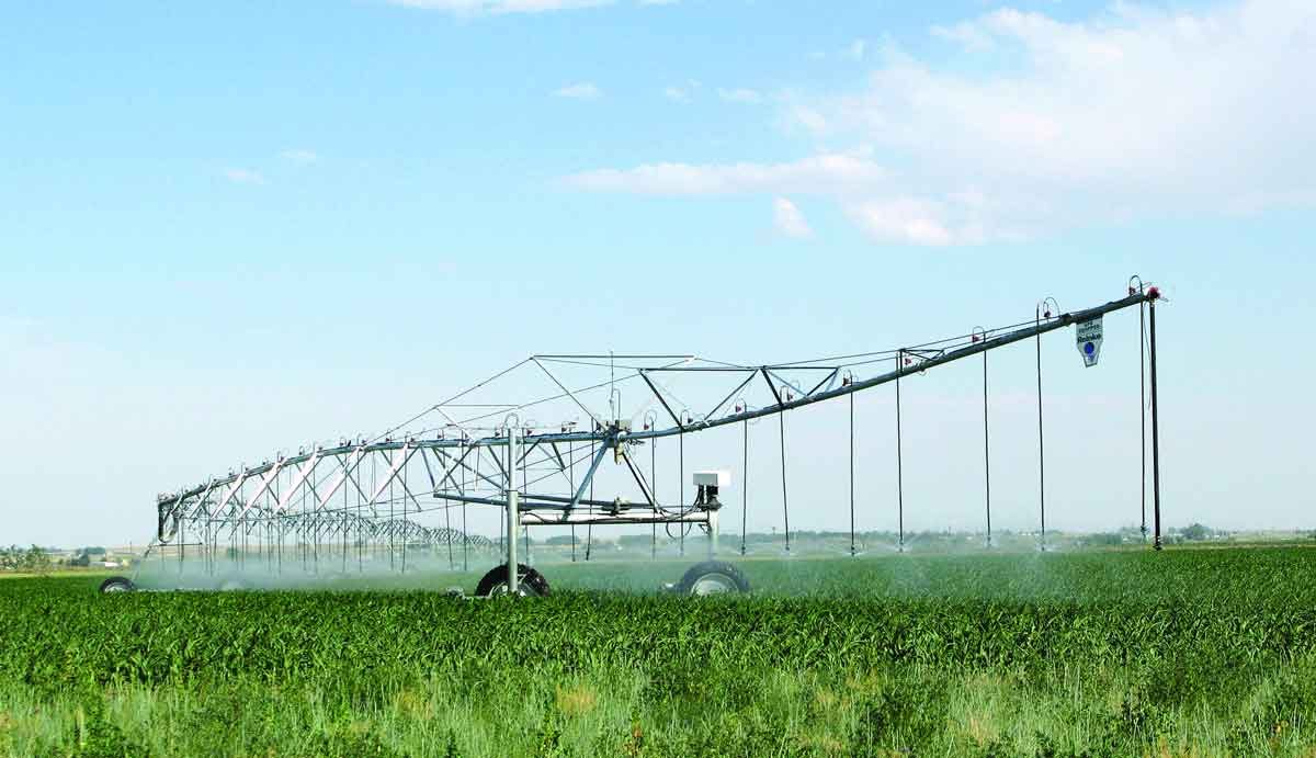 Center pivot irrigation over a green field